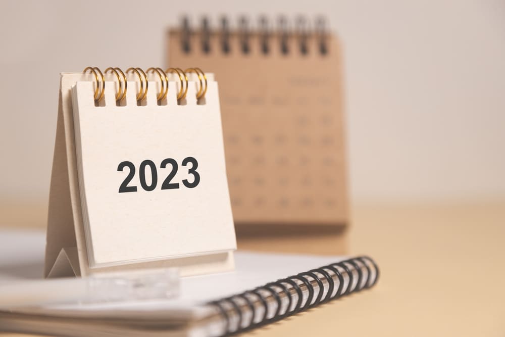 Desktop,Calendar,For,2023,On,A,Beige,Background.,Goals,And